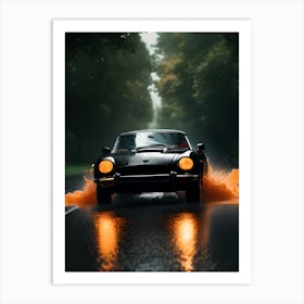 Orange Car In Rain Art Print