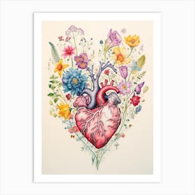 Folky Heart Line Flower Illustration Art Print