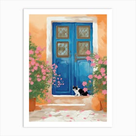 Black And White Cat And Blue Door Art Print