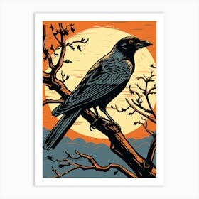 Vintage Bird Linocut Crow 2 Art Print
