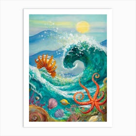 Surreal Composition Of Sea Creatures And Ocean Waves Art Print