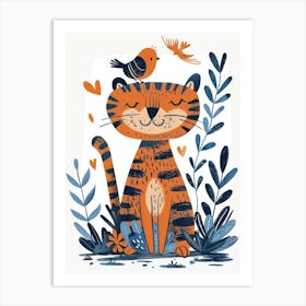 Small Joyful Tiger With A Bird On Its Head 13 Art Print