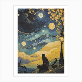 Van Gogh Paint Cat Starry Night Art Print