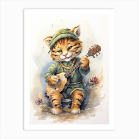 Tiger Illustration Playing An Instrument Watercolour 1 Art Print