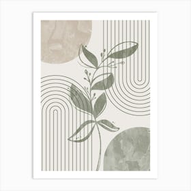 Boho Botanical Art, Sage Green and Beige Mid-Century Modern, Abstract Line 1 Art Print