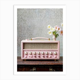 Vintage Radio Pastel Pink And Grey Hues Adorned With An Array Of Delicate Pastel Flowers Station Art Print