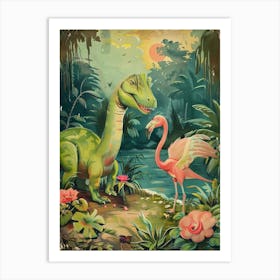 Dinosaur & Flamingo Vintage Storybook Painting Art Print