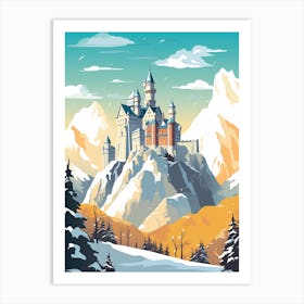 Vintage Winter Travel Illustration Schloss Neuschwanstein Germany 1 Art Print