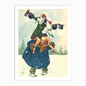 Lucky Old Man With His New Girlfriend On His Back Celebrating A New Year Art Print