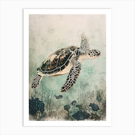 Vintage Illustration Of A Turtle Exploring The Ocean Art Print