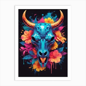 Floral Bull Skull Neon Iridescent Painting (6) Art Print