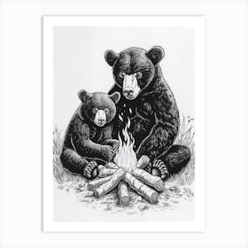 Malayan Sun Bear Sitting Together By A Campfire Ink Illustration 3 Art Print