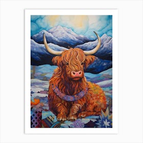 Patchwork Colourful Highland Cow Illustration With The Mountains Art Print