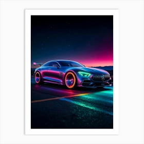 Mercedes AMG in neon glow, a racing car at night. Luxury, speed, and classic automotive design merge perfectly. Art Print