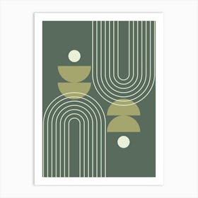 Modern Mid Century Sun, Moon Phases and Rainbow Abstract 20 in Forest Sage Green Art Print