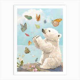 Polar Bear Cub Playing With Butterflies Storybook Illustration 1 Art Print