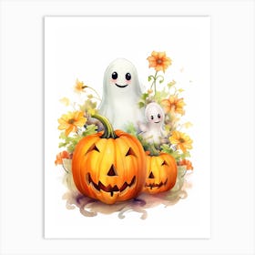 Cute Ghost With Pumpkins Halloween Watercolour 137 Art Print