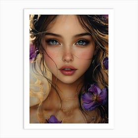 Beautiful Girl With Purple Flowers Art Print