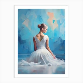 Ballerina With A White Dress Sitting On The Floor Posing In Front Of Blue Wall Art Print