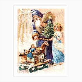 Santa Claus And New Year Are Coming Together With Lots Of Toys Art Print