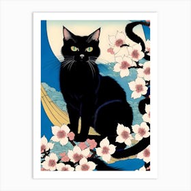 Black Cat With Cherry Blossoms Art Print