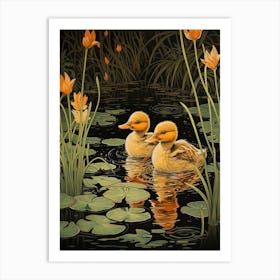 Ducklings In The River Japanese Woodblock Style 2 Art Print
