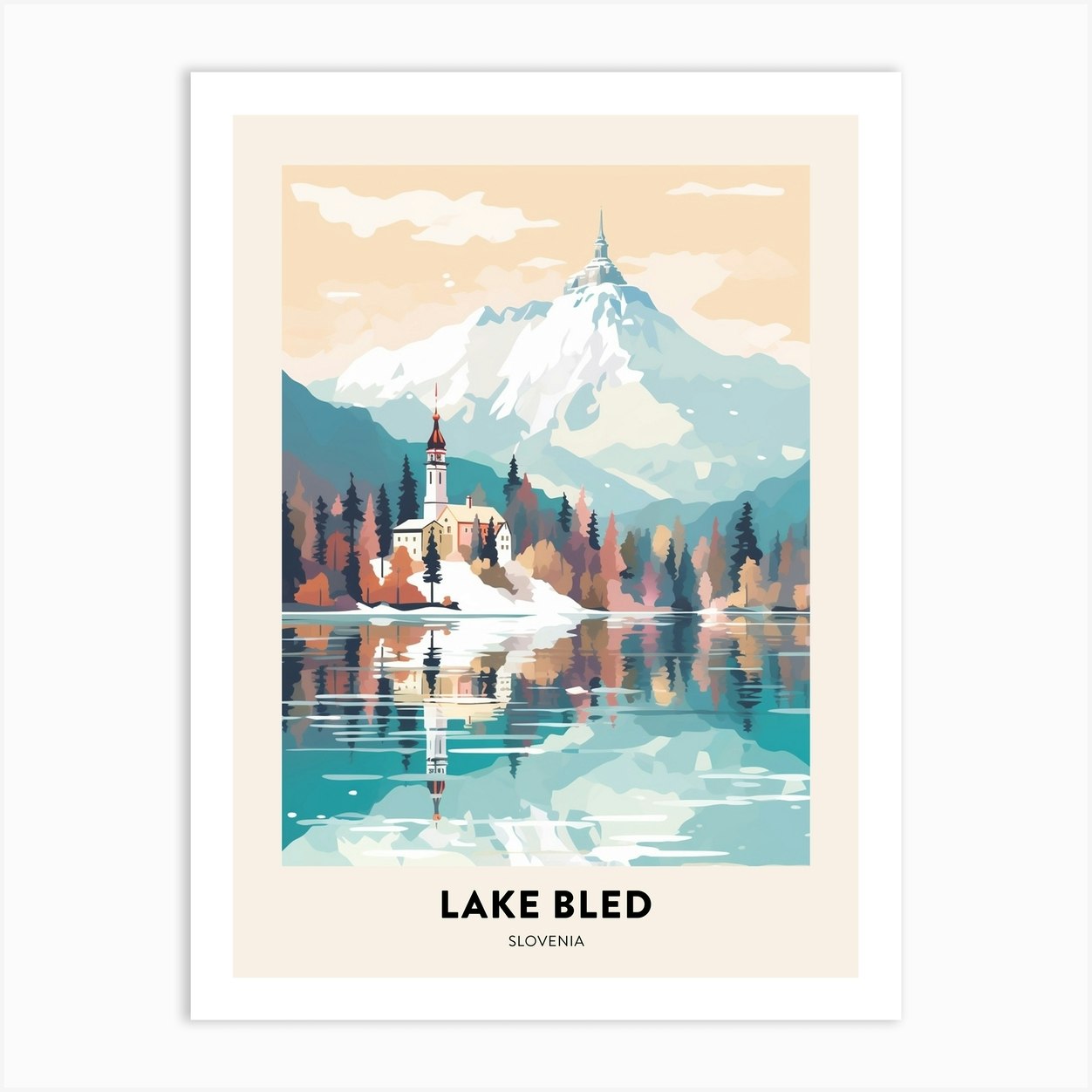 Bon Prints 3 Travel by Lake Bled Fy Hiver Vintage - Slovenia Art Winter Poster Print