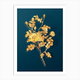 Vintage Yellow Sweetbriar Rose Botanical in Gold on Teal Blue n.0274 Art Print