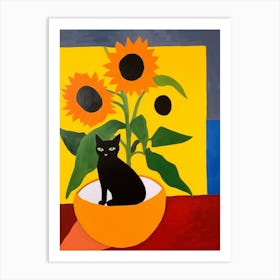 Painting Of A Still Life Of A Sunflower With A Cat In The Style Of Matisse 4 Art Print