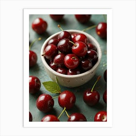 Cherry Bowl On Green Background Art Print