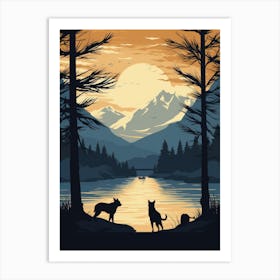 Sunset With Dogs By The Lake Art Print