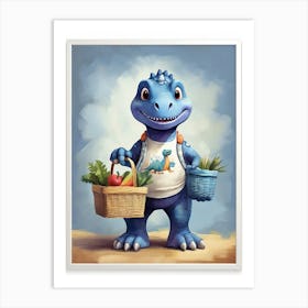 Blue Dinosaur With Shopping Basket Square Nursery Kids Art Print