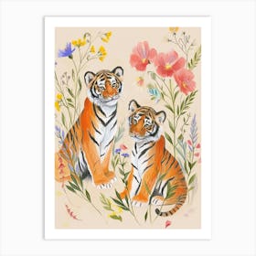 Folksy Floral Animal Drawing Tiger 9 Art Print