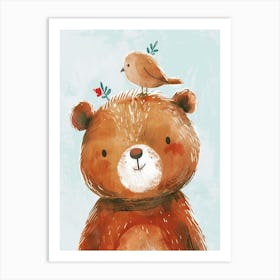 Small Joyful Bear With A Bird On Its Head 2 Art Print