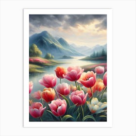 Tulips By The Lake 1 Art Print