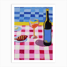 Painting Of A Table With Food And Wine, French Riviera View, Checkered Cloth, Matisse Style 8 Art Print