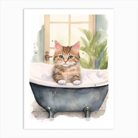 Kurilian Bobtail Cat In Bathtub Botanical Bathroom 3 Art Print