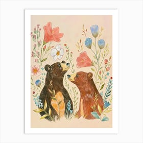 Folksy Floral Animal Drawing Bear Art Print