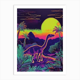 Neon Dinosaur With Palm Trees In A Jurassic Landscape Art Print