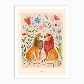 Folksy Floral Animal Drawing Lion 2 Poster Art Print