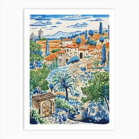 Italy, Tuscany Cute Illustration In Orange And Blue 3 Art Print