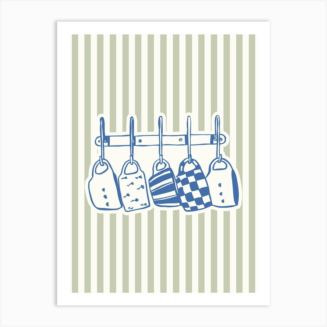Blue Mugs on a Green Striped Poster Art Print by House of Saturn