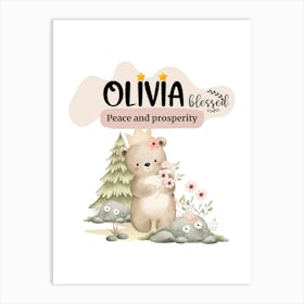 Olivia Nursery Wall Art - Personalized Baby Name Poster with Peace and Prosperity Theme - Cute Woodland Bear and Floral Decor for Baby Room Affiche