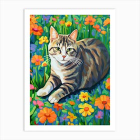 Tabby Cat With Flowers Oil Painting Art Print
