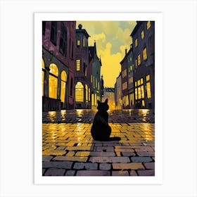 Cat In The City At Night Art Print