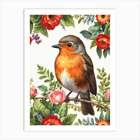 Robin With Flowers 3 Art Print