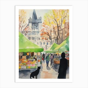 Food Market With Cats In Berlin 1 Watercolour Art Print