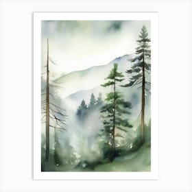 Appalachian Mountains of Misty Pines Watercolor Print of Evergreen Forest..135 Art Print