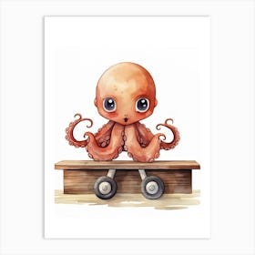 Baby Octopus On A Toy Car, Watercolour Nursery 1 Art Print