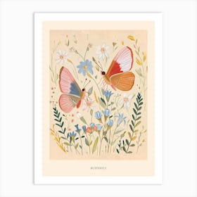 Folksy Floral Animal Drawing Butterfly Poster Art Print